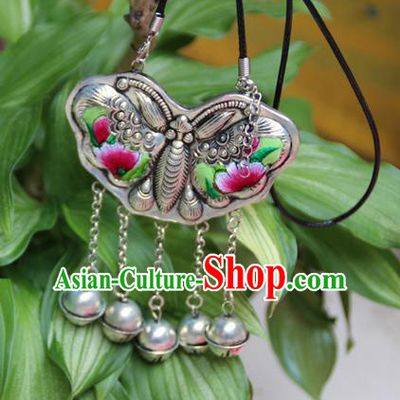 Traditional Chinese Miao Nationality Crafts, Hmong Handmade Miao Silver Embroidery Bells Butterfly Tassel Pendant, Miao Ethnic Minority Necklace Accessories Bells Pendant for Women