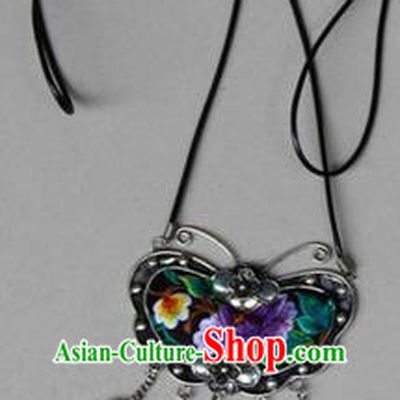 Traditional Chinese Miao Nationality Crafts, Hmong Handmade Miao Silver Embroidery Bells Butterfly Tassel Pendant, Miao Ethnic Minority Necklace Accessories Bells Pendant for Women