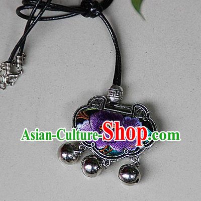 Traditional Chinese Miao Nationality Crafts, Hmong Handmade Miao Silver Embroidery Long Life Lock Bells Tassel Pendant, Miao Ethnic Minority Necklace Accessories Bells Pendant for Women
