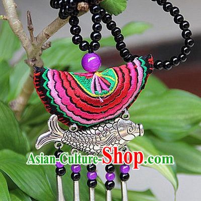 Traditional Chinese Miao Nationality Crafts, Hmong Handmade Double Side Blue Embroidery Fish Tassel Pendant, Miao Ethnic Minority Necklace Accessories Sweater Chain Pendant for Women