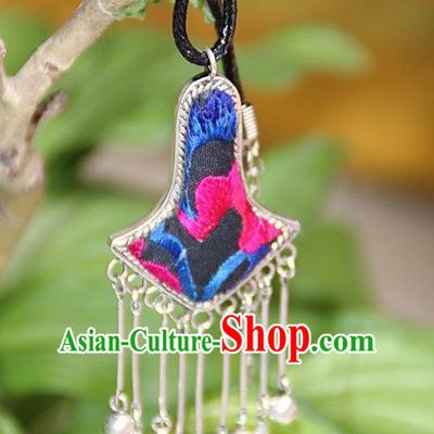 Traditional Chinese Miao Nationality Crafts, Hmong Handmade Miao Silver Embroidery Bells Tassel Pendant, Miao Ethnic Minority Black Rope Necklace Accessories Bells Pendant for Women