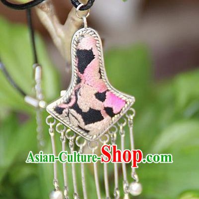Traditional Chinese Miao Nationality Crafts, Hmong Handmade Miao Silver Embroidery Bells Tassel Pendant, Miao Ethnic Minority Black Rope Necklace Accessories Bells Pendant for Women