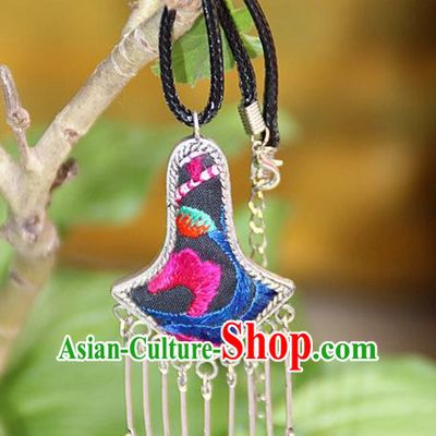 Traditional Chinese Miao Nationality Crafts, Hmong Handmade Miao Silver Embroidery Bells Tassel Pendant, Miao Ethnic Minority Black Rope Necklace Accessories Bells Pendant for Women