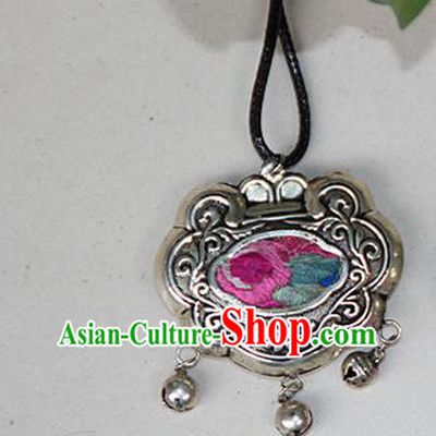 Traditional Chinese Miao Nationality Crafts, Hmong Handmade Miao Silver Embroidery Bells Tassel Longevity Lock Pendant, Miao Ethnic Minority Black Rope Necklace Accessories Bells Pendant for Women