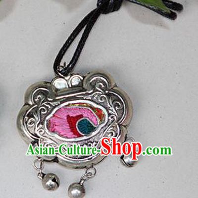 Traditional Chinese Miao Nationality Crafts, Hmong Handmade Miao Silver Embroidery Bells Tassel Longevity Lock Pendant, Miao Ethnic Minority Black Rope Necklace Accessories Bells Pendant for Women