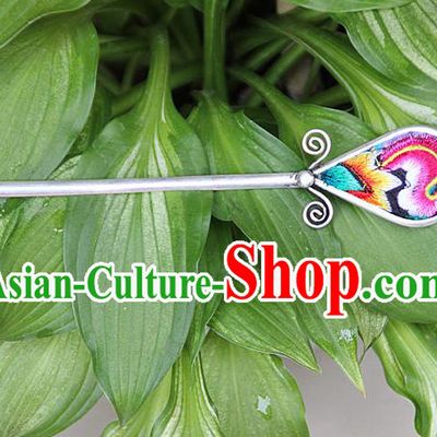 Traditional Chinese Miao Nationality Crafts Jewelry Accessory, Hmong Handmade Embroidery Miao Silver Hairpin, Miao Ethnic Minority Bells Hair Fascinators Hairpins for Women