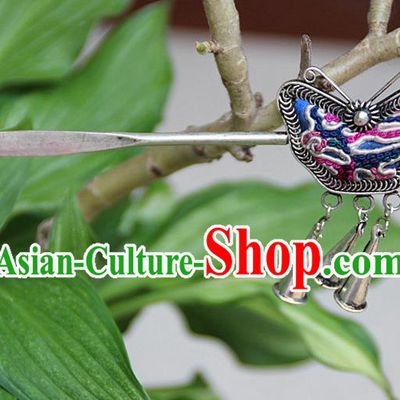 Traditional Chinese Miao Nationality Crafts Jewelry Accessory, Hmong Handmade Embroidery Miao Silver Butterfly Hairpin, Miao Ethnic Minority Bells Hair Fascinators Hairpins for Women