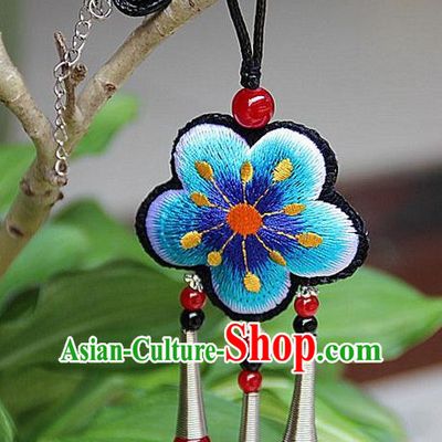 Traditional Chinese Miao Nationality Crafts Jewelry Accessory, Hmong Handmade Miao Silver Embroidery Blue Flowers Red Beads Tassel Pendant, Miao Ethnic Minority Necklace Accessories Pendant for Women
