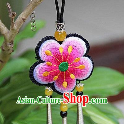 Traditional Chinese Miao Nationality Crafts Jewelry Accessory, Hmong Handmade Miao Silver Embroidery Pink Flowers Yellow Beads Tassel Pendant, Miao Ethnic Minority Necklace Accessories Pendant for Women