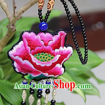 Traditional Chinese Miao Nationality Crafts Jewelry Accessory, Hmong Handmade Double Side Embroidery Blue Beads Tassel Pendant, Miao Ethnic Minority Necklace Accessories Sweater Chain Pendant for Women