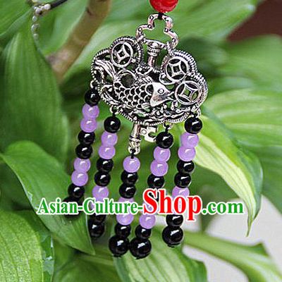 Traditional Chinese Miao Nationality Crafts Jewelry Accessory, Hmong Handmade Miao Silver Beads Tassel Longevity Lock Pendant, Miao Ethnic Minority Necklace Accessories Sweater Chain Pendant for Women