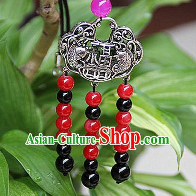 Traditional Chinese Miao Nationality Crafts Jewelry Accessory, Hmong Handmade Miao Silver Beads Tassel Longevity Lock Pendant, Miao Ethnic Minority Necklace Accessories Sweater Chain Pendant for Women