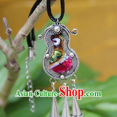 Traditional Chinese Miao Nationality Crafts Jewelry Accessory, Hmong Handmade Miao Silver Embroidery Bells Tassel Pendant, Miao Ethnic Minority Necklace Accessories Sweater Chain Bell Pendant for Women