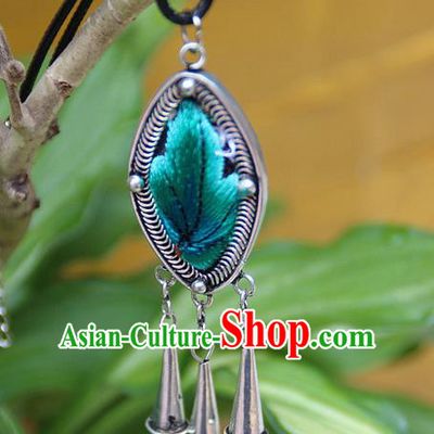 Traditional Chinese Miao Nationality Crafts Jewelry Accessory, Hmong Handmade Miao Silver Embroidery Bells Tassel Pendant, Miao Ethnic Minority Necklace Accessories Sweater Chain Bell Pendant for Women