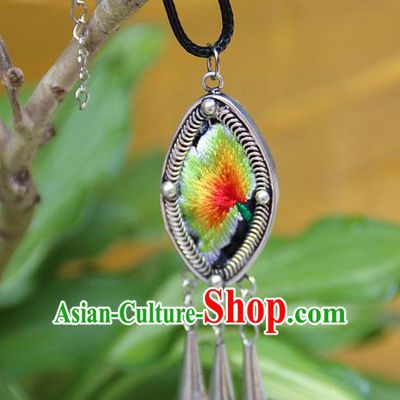 Traditional Chinese Miao Nationality Crafts Jewelry Accessory, Hmong Handmade Miao Silver Embroidery Bells Tassel Pendant, Miao Ethnic Minority Necklace Accessories Sweater Chain Bell Pendant for Women