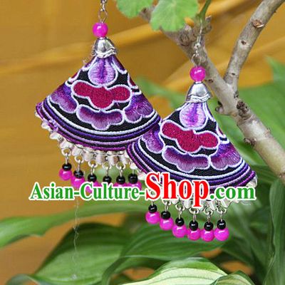 Traditional Chinese Miao Nationality Crafts Jewelry Accessory, Hmong Handmade Embroidery Beads Earrings, Miao Ethnic Minority Eardrop Accessories Ear Pendant for Women