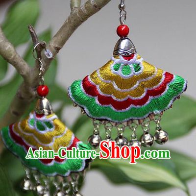 Traditional Chinese Miao Nationality Crafts Jewelry Accessory, Hmong Handmade Embroidery Bells Tassel Earrings, Miao Ethnic Minority Eardrop Accessories Ear Pendant for Women