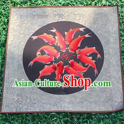 Traditional Chinese Miao Nationality Minority Crafts Hmong Xiangxi Embroidery Decorative Paintings, Embroidery Fishes Meaning Riches Scroll Painting for Friends