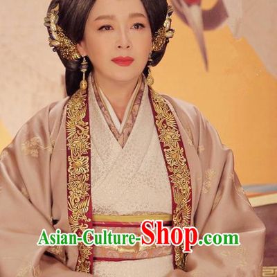 Traditional Ancient Chinese Imperial Empress Dowager Costume and Headwear Complete Set, Elegant Hanfu Palace Lady Queen Mother Dress, Chinese Warring States Period Imperial Empress Tailing Embroidered Phoenix Clothing for Women