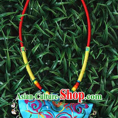 Traditional Chinese Miao Ethnic Minority Necklace, Hmong Handmade Colorized Collar Embroidery Pendant, Miao Ethnic Jewelry Accessories Bells Necklace for Women