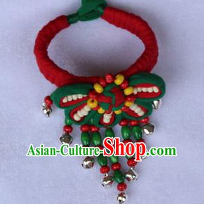 Traditional Chinese Miao Ethnic Minority Palace Jewelry Accessories Wristbands Bracelet, Hmong Handmade Bells Bracelet Hand-Knitted Chain Bracelet for Women