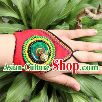 Traditional Chinese Miao Ethnic Minority Palace Jewelry Accessories Canvas Wristbands Bracelet, Hmong Handmade Bracelet Hand-Knitted Chain Bracelet for Women
