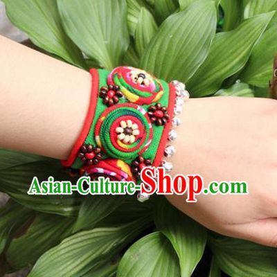 Traditional Chinese Miao Ethnic Minority Palace Jewelry Accessories Canvas Wristbands Bracelet, Hmong Handmade Bracelet Chain Bracelet for Women