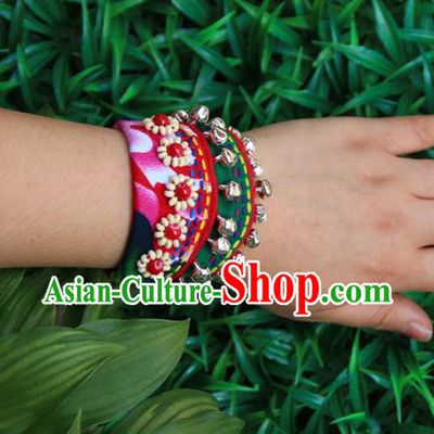 Traditional Chinese Miao Ethnic Minority Palace Jewelry Accessories Canvas Wristbands Bracelet, Hmong Handmade Bracelet Bells Chain Bracelet for Women