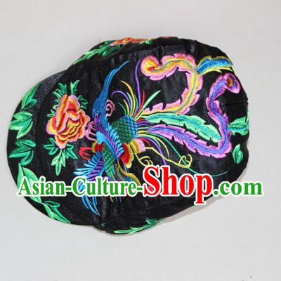 Traditional Chinese Miao Ethnic Minority Satin Cloth Embroidery Phoenix Cap, Hmong Handmade Peak Cap for Women