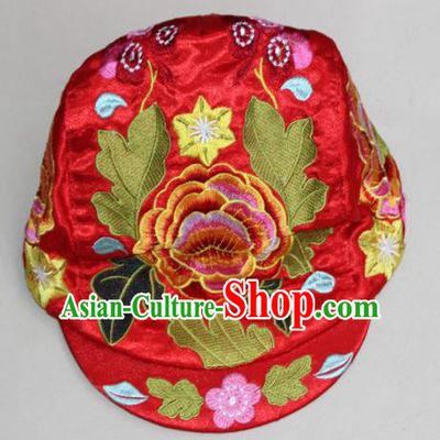 Traditional Chinese Miao Ethnic Minority Satin Cloth Embroidery Phoenix Cap, Hmong Handmade Peak Cap for Women