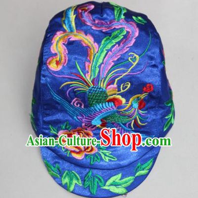 Traditional Chinese Miao Ethnic Minority Satin Cloth Embroidery Phoenix Cap, Hmong Handmade Peak Cap for Women