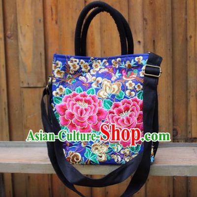 Traditional Chinese Miao Nationality Palace Handmade Double-Sided Embroidery Butterfly Peony Handbag Hmong Handmade Embroidery Canvas Single Shoulder Bags for Women