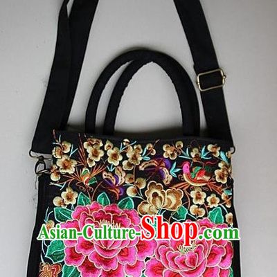 Traditional Chinese Miao Nationality Palace Handmade Double-Sided Embroidery Butterfly Peony Handbag Hmong Handmade Embroidery Canvas Single Shoulder Bags for Women