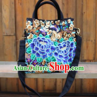 Traditional Chinese Miao Nationality Palace Handmade Double-Sided Embroidery Butterfly Peony Handbag Hmong Handmade Embroidery Canvas Single Shoulder Bags for Women