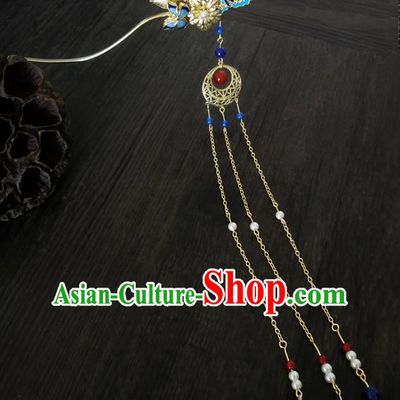 Traditional Handmade Chinese Ancient Classical Hair Accessories Barrettes Butterfly Hairpin, Imperial Emperess Tassel Headdress Blueing Hair Jewellery, Hair Fascinators Hairpins for Women