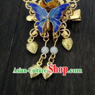 Traditional Handmade Chinese Ancient Classical Hair Accessories Barrettes Hairpin, Blueing Butterfly Hair Sticks Hair Jewellery, Hair Fascinators Hairpins for Women