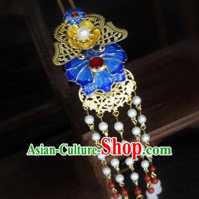 Traditional Handmade Chinese Ancient Classical Hair Accessories Barrettes Hairpin, Blueing Hair Sticks Pearl Hair Jewellery, Hair Fascinators Hairpins for Women