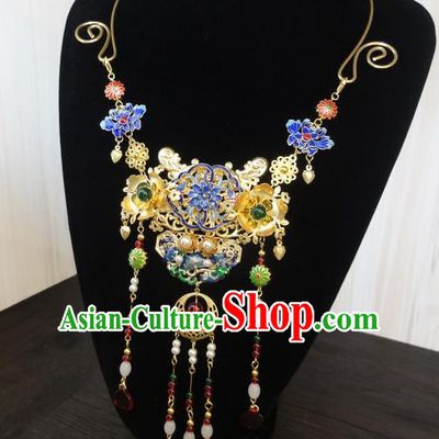 Traditional Handmade Chinese Ancient Classical Jewellery Accessories Necklace, Blueing Tassel Wedding Necklace for Women