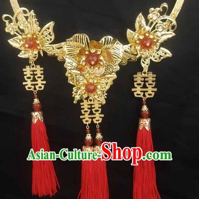 Traditional Handmade Chinese Ancient Classical Jewellery Accessories Necklace, Red Tassel Wedding Necklace for Women