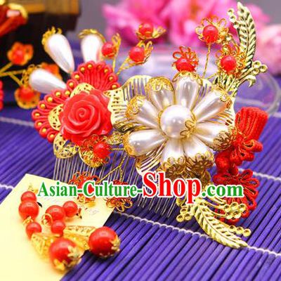 Traditional Handmade Chinese Ancient Classical Hair Accessories Barrettes Hairpin, Bride Wedding Hair Sticks and Earrings, Hair Fascinators Hairpins for Women