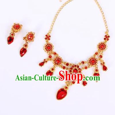 Traditional Handmade Chinese Ancient Classical Hair Accessories Frontlet, Bride Wedding Hair Sticks and Earrings, Chinese Crystal Necklace and Earrings Complete Set for Women