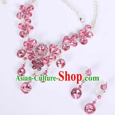 Traditional Handmade Chinese Ancient Classical Hair Accessories Frontlet, Bride Wedding Hair Sticks and Earrings, Chinese Crystal Necklace and Earrings Complete Set for Women