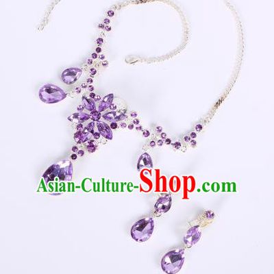 Traditional Handmade Chinese Ancient Classical Hair Accessories Frontlet, Bride Wedding Hair Sticks and Earrings, Chinese Crystal Necklace and Earrings Complete Set for Women