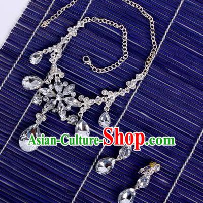 Traditional Handmade Chinese Ancient Classical Hair Accessories Frontlet, Bride Wedding Hair Sticks and Earrings, Chinese Crystal Necklace and Earrings Complete Set for Women