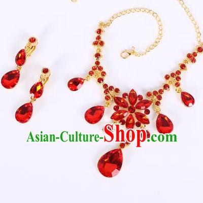 Traditional Handmade Chinese Ancient Classical Hair Accessories Frontlet, Bride Wedding Hair Sticks and Earrings, Chinese Crystal Necklace and Earrings Complete Set for Women