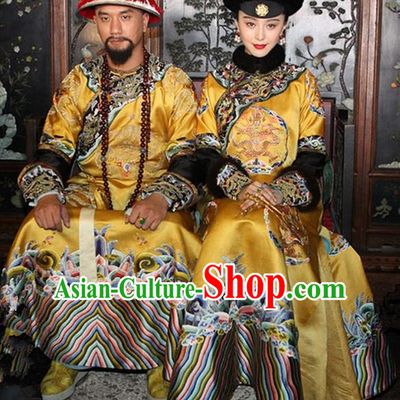 Traditional Ancient Chinese Imperial Emperess and Emperor Costume Complete Set, Chinese Qing Dynasty Manchu Wedding Dress, Cosplay Chinese Imperial Embroidered Clothing for Women for Men