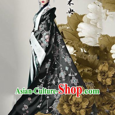 Traditional Ancient Chinese Imperial Emperess Costume, Chinese Han Dynasty Dress, Cosplay Chinese Peri Imperial Empress Dowager Tailing Black Embroidered Clothing for Women
