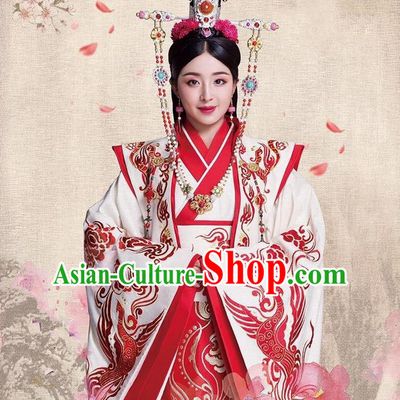Traditional Ancient Chinese Imperial Emperess Costume, Chinese Han Dynasty Young Lady Wedding Dress, Cosplay Chinese Emperess Embroidered Clothing Phoenix Hanfu for Women