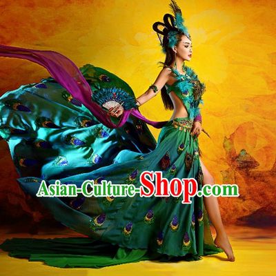 Traditional Ancient Indian Palace Sari Peacock Costumes, Indian Young Lady Belly Dance Dress for Women