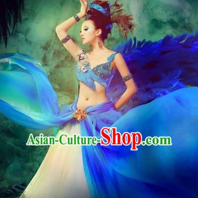 Traditional Ancient Indian Palace Sari Blue Costumes, Indian Young Lady Belly Dance Dress for Women